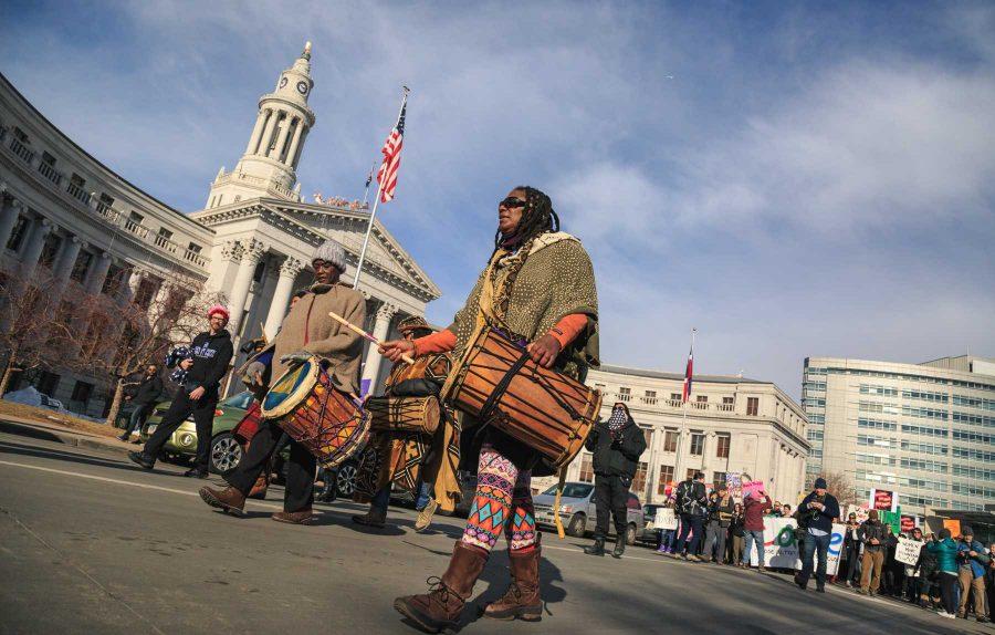 The parade's leaders pass the judicial building at the women's march in Denver, January 21, 2017 (Davis Bonner | Collegian) 