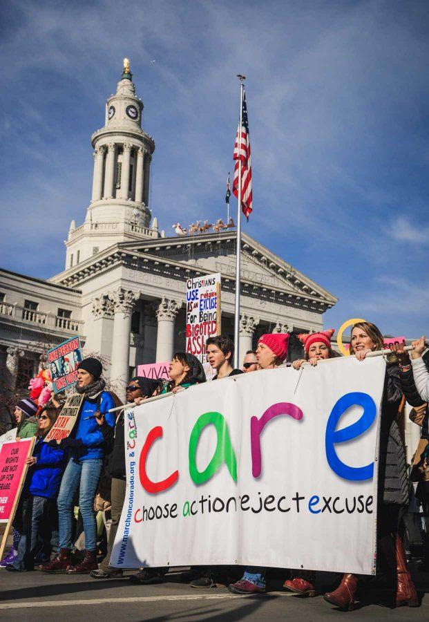 The parade passes the judicial building at the women's march in Denver, January 21, 2017 (Davis Bonner | Collegian) 