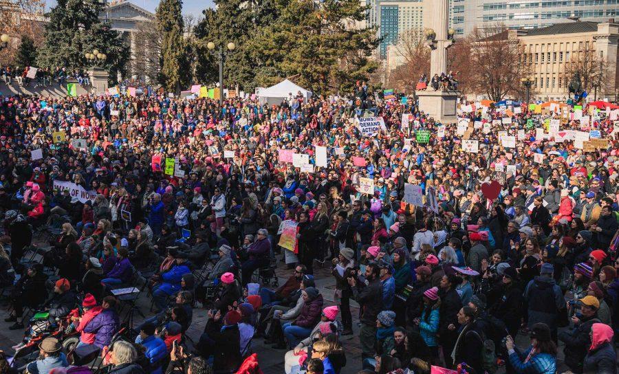 Thousands of participants gather in Civic Park to listen to activist speakers during the Women's March in Denver, January 21, 2017 (Davis Bonner | Collegian)