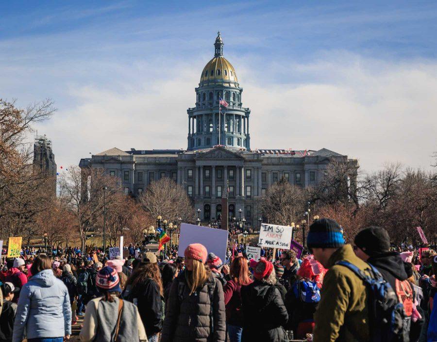 Participants gather outside the Denver capital building during the Women's March in Denver, January 21, 2017 (Davis Bonner | Collegian)