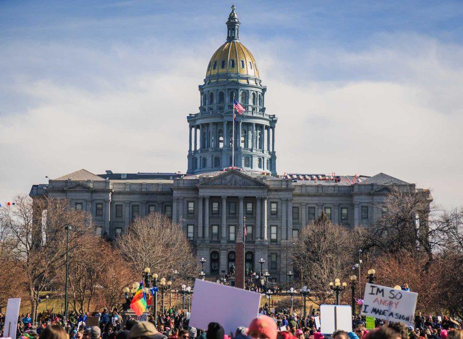 Participants gather outside the Denver capital building during the Womens March in Denver, January 21, 2017 (Davis Bonner | Collegian)