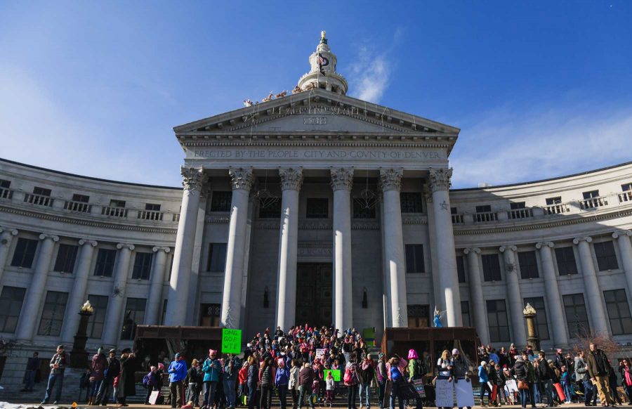Participants gather at the foot of the Denver Courthouse during the Women's March in Denver, January 21, 2017 (Davis Bonner | Collegian)