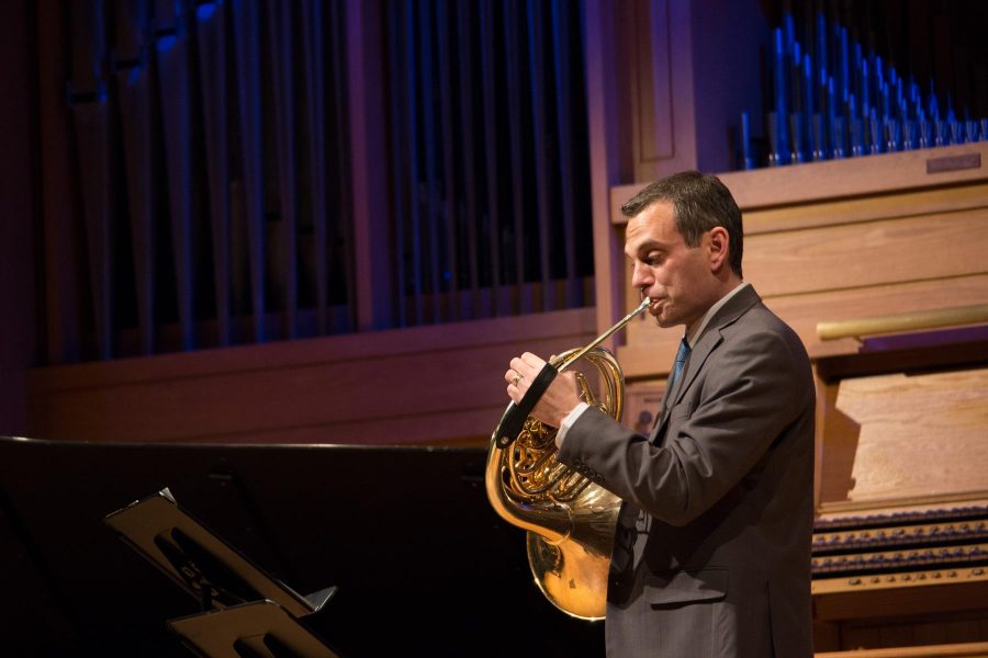 Colorado State University professor John McGuire plays the horn at the University Center of the Arts, Virtuoso Concert Series. (Jack Starkebaum | Collegian)