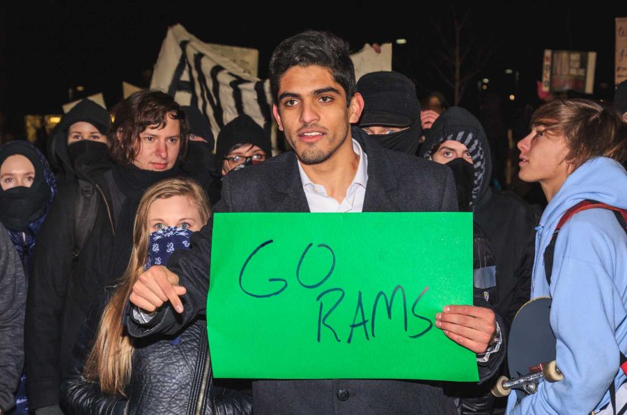 Counter protester Juan Caro travelled from Fort Collins to oppose the protesters at Milo Yiannopoulos' event at CU. (Davis Bonner | Collegian)