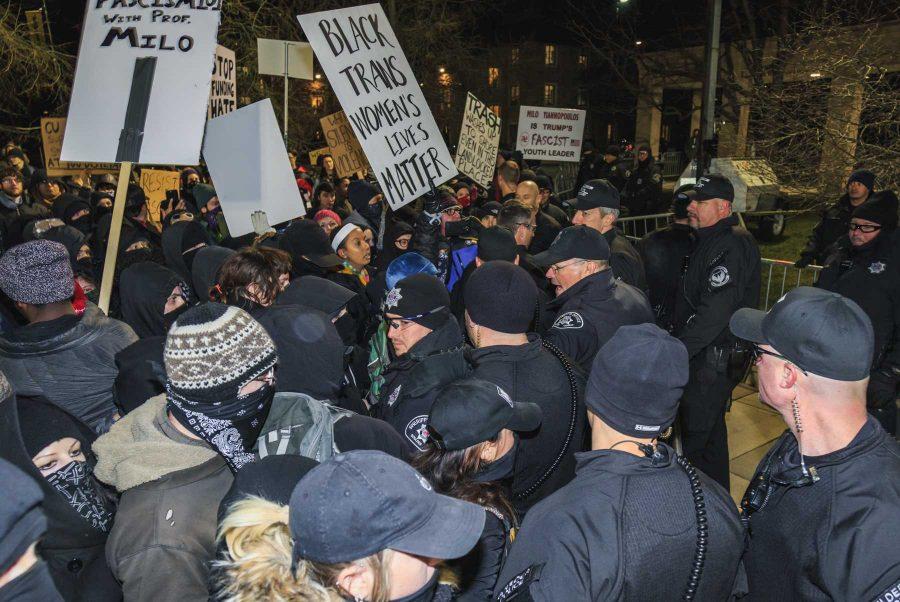 Protesters to Milo Yiannopoulos' event at CU were met with a heavy police presence in order to control crowds. (Davis Bonner | Collegian)