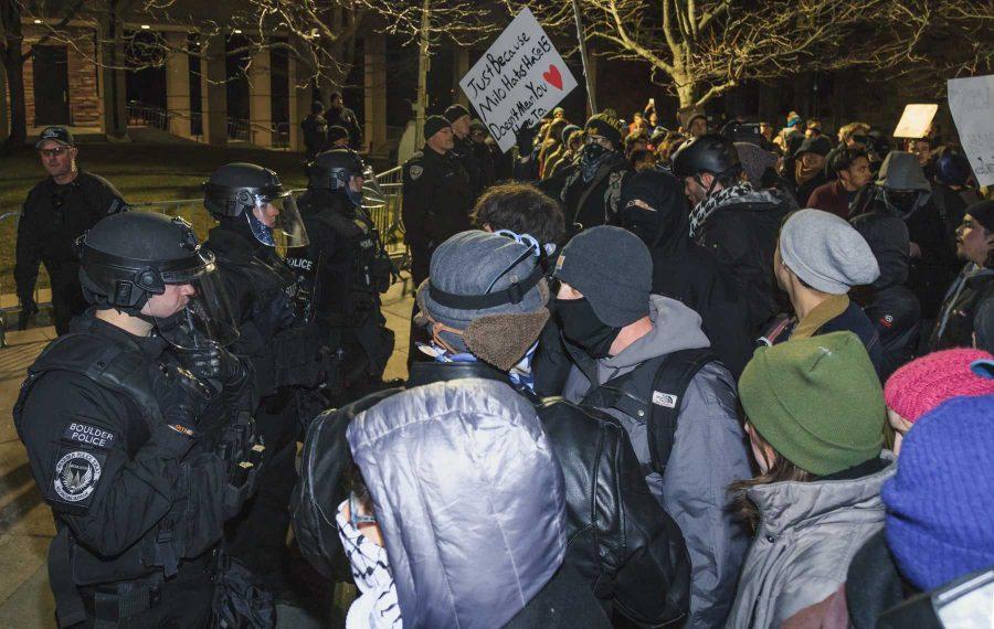 Protesters to Milo Yiannopoulos' event at CU were met with a heavy police presence in order to control crowds. (Davis Bonner | Collegian)