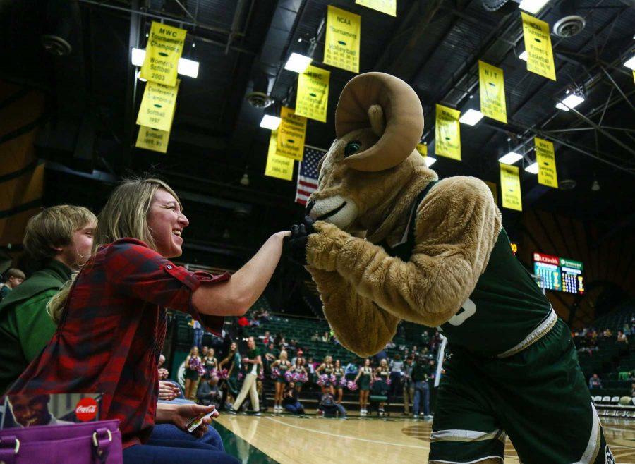 Cam the Ram makes friends in the crowd during CSU's win over San Diego State, January 28, 2017 (Davis Bonner | Collegian)