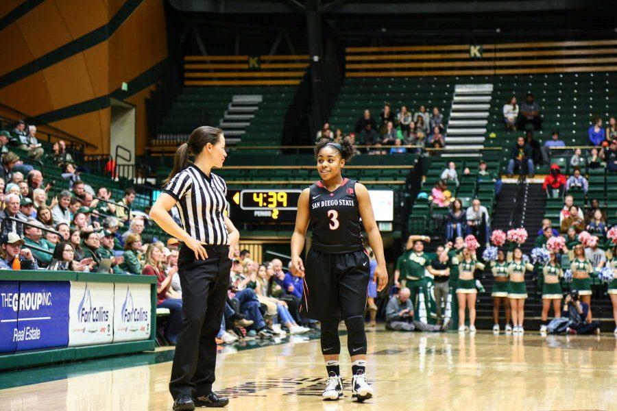 San Diego State's Ariell Bostick makes casual conversation with the ref during their loss against CSU, January 28, 2017 (Davis Bonner | Collegian)