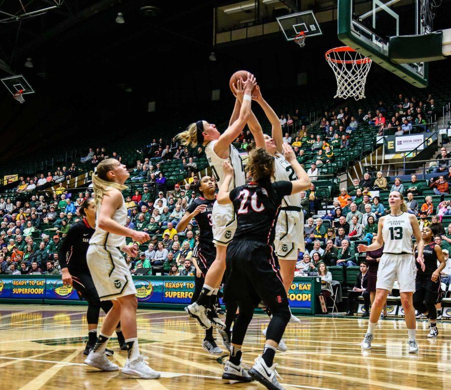 Hannah Tvrdy and Elin Gustavsson defend against San Deigo State to keep their lead, January 28, 2017 (Davis Bonner | Collegian)