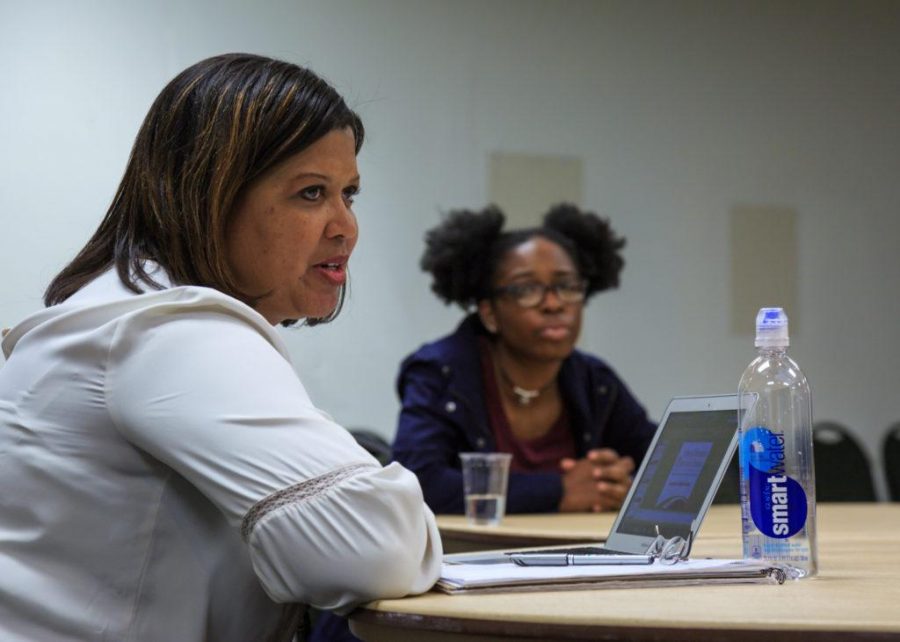 CSU guest speaker Dr. Tia Brown McNair discusses the current political and social issues that have arisen around race in the recent months. She is joined by a group of students who shared their feedback and personal experiences, January 30, 2017 (Davis Bonner | Collegian)