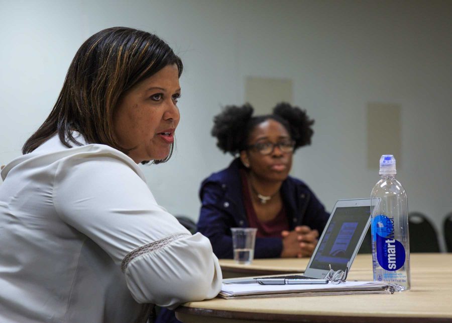 CSU guest speaker Dr. Tia Brown McNair discusses the current political and social issues that have arisen around race in the recent months. She is joined by a group of students who shared their feedback and personal experiences, January 30, 2017 (Davis Bonner | Collegian)