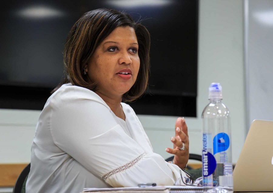 CSU guest speaker Dr. Tia Brown McNair discusses the current political and social issues that have arisen around race in the recent months. She is joined by a group of students who shared their feedback and personal experiences, January 30, 2017 (Davis Bonner | Collegian)
