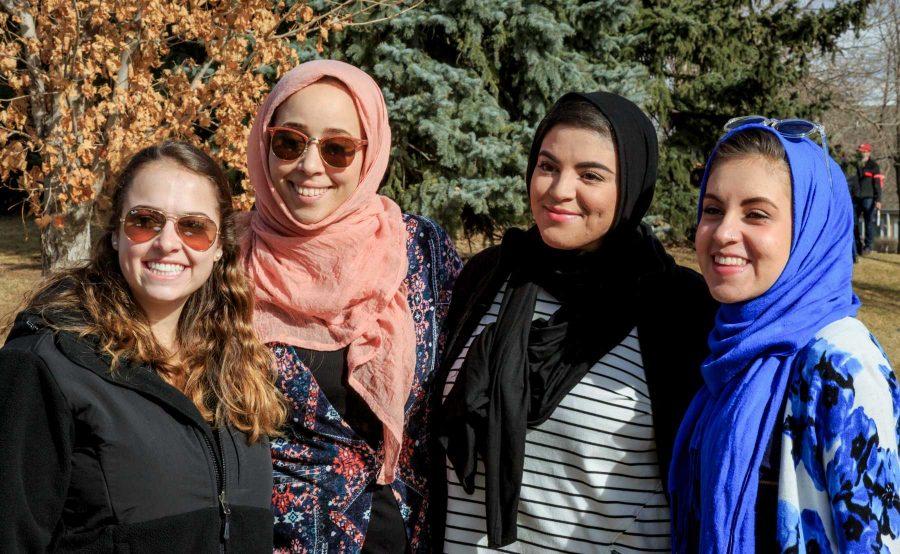 Hadeel Abdel-Ghany is joined by her peers during Fort Collins for Progress' march in solidarity for immigrants and Muslims, January 31, 2017 (Davis Bonner | Collegian)