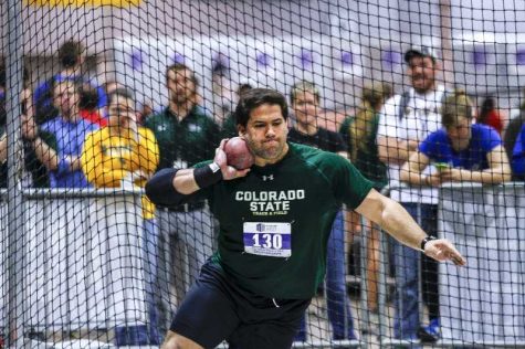 Senior Mostafa Hassan competes at the Mountain West Indoor Championships in the 2017 season. Hassan won consecutive NCAA titles in the shot put in 2017 and 2018.  (Juan Labreche/NCAA photos)