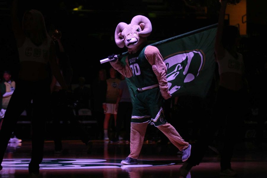 Cam the Ram gets the crowd fired up during the pregame introductions at the Womans Basketball Game against Fresno State. (Elliott Jerge | Collegian)