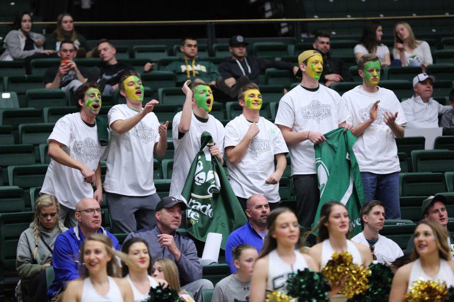Colorado State University women's basketball fans cheer for the Rams during the first half of the game against Utah State on Saturday at Moby Arena. The Rams beat the visiting Utah State Aggies 74-43. (Forrest Czarnecki | Collegian)