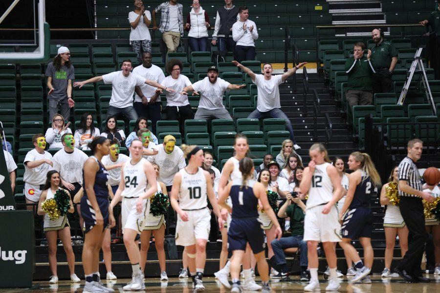 Colorado State University fans cheer after a successful shot block by the Rams during the game against Utah State on Saturday at Moby Arena. The Rams beat the visiting Utah State Aggies 74-43. (Forrest Czarnecki | Collegian)