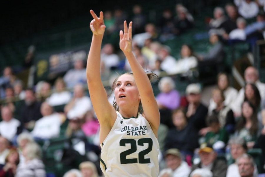 Colorado State Universitys Elin Gustavsson (22) watches her three point shot during the game against Utah State on Saturday at Moby Arena. The Rams beat the visiting Utah State Aggies 74-43. (Forrest Czarnecki | Collegian)