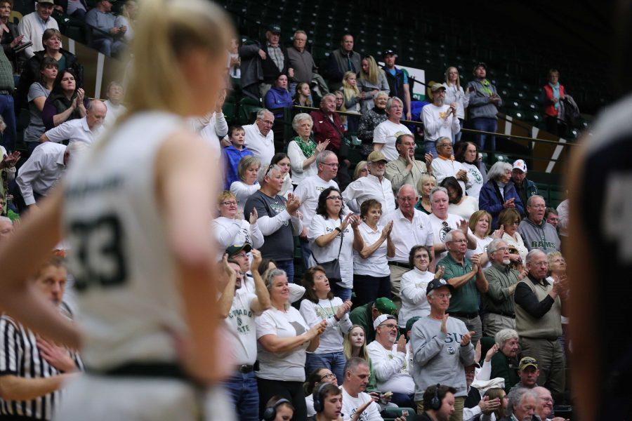 Colorado State University fans give a standing ovation to the Rams at the game against Utah State on Saturday at Moby Arena. The Rams beat the visiting Utah State Aggies 74-43. (Forrest Czarnecki | Collegian)