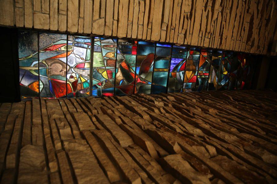 Portions of the stained glass windows in the Danforth Chapel are pictured on January 23rd. The Danforth Chapel, located on the north side of the Oval, recently had one of its stained glass windows broken. (Forrest Czarnecki | Collegian)