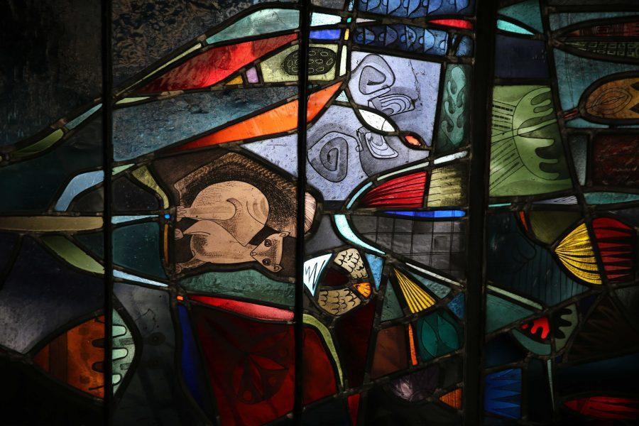 Portions of the stained glass windows in the Danforth Chapel are pictured on January 23rd. The Danforth Chapel, located on the north side of the Oval, recently had one of its stained glass windows broken. (Forrest Czarnecki | Collegian)