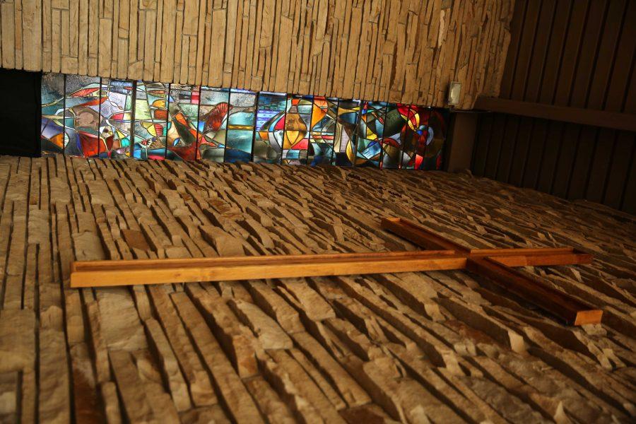Portions of the stained glass windows in the Danforth Chapel are pictured on January 23rd. The Danforth Chapel, located on the north side of the Oval, recently had one of its stained glass windows broken. (Forrest Czarnecki | Collegian)