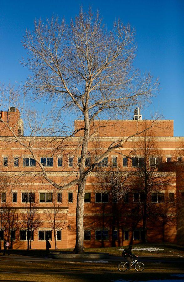 Students walk and bike along the sidewalk past the Natural and Environmental Sciences Building as the sun sets on campus on January 18th. (Forrest Czarnecki | Collegian)