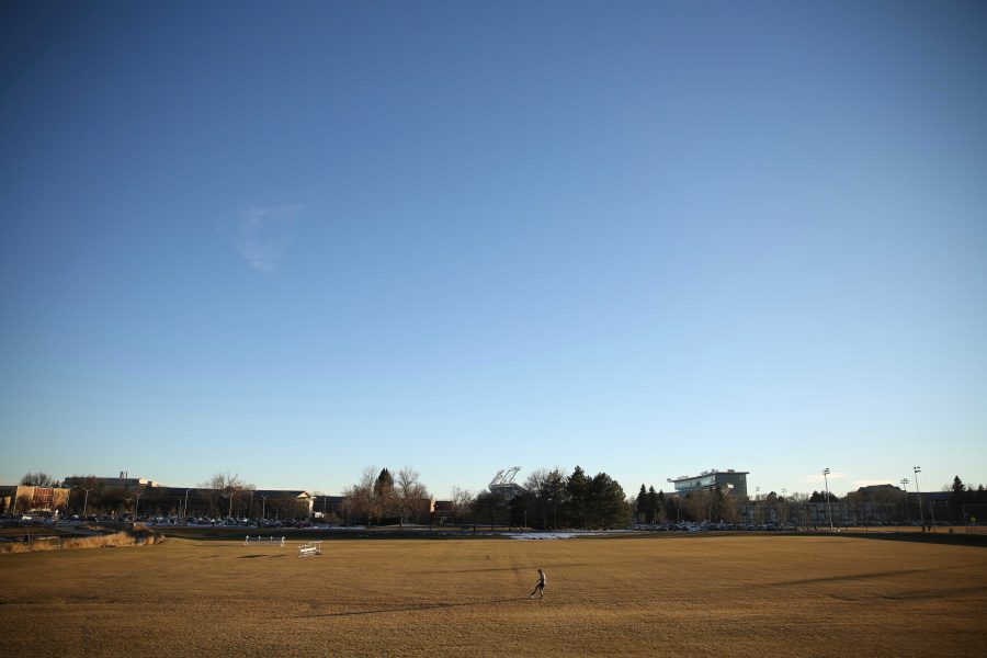 Colorado State University junior Ryan Schlachter practices his soccer skills at the Lagoon Field as the sun sets on January 18th. (Forrest Czarnecki | Collegian)