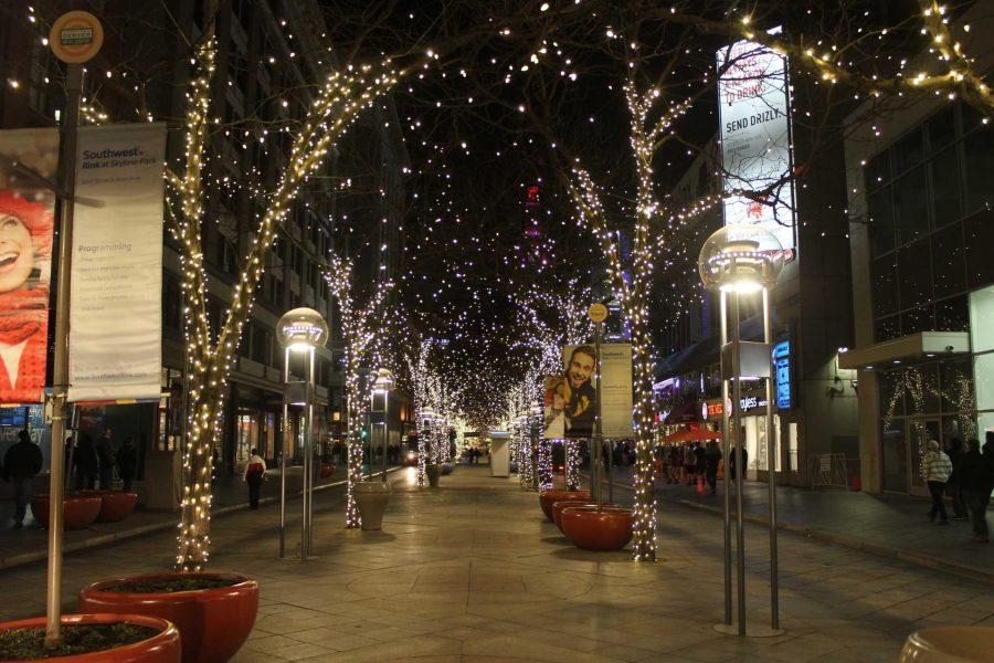 The 16th Street Mall in Denverilluminates with all sorts of colorful lights around the holidays.