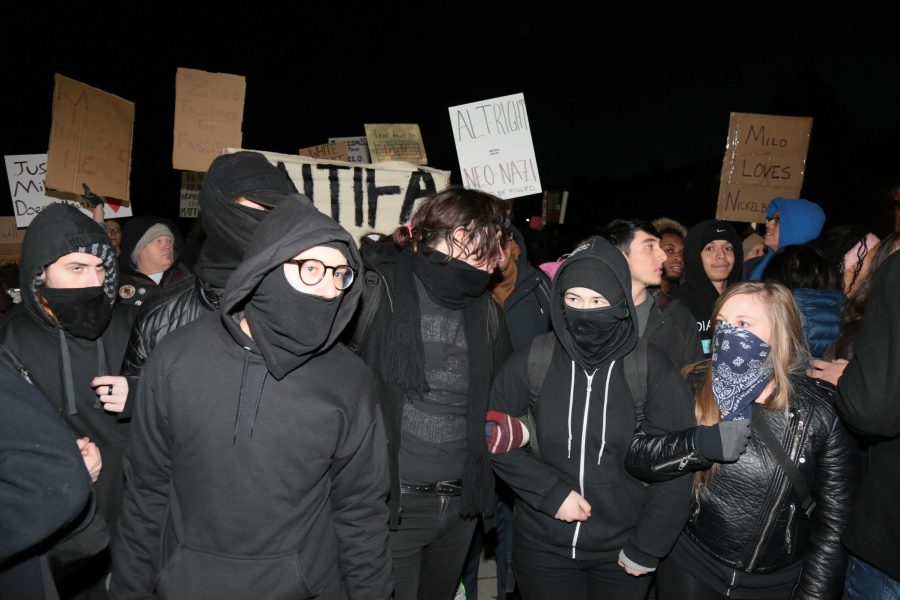 Protesters to Milo Yiannopoulos' event at CU remained outside the mathematics building for the duration of his visit to voice their concerns. (Davis Bonner | Collegian)