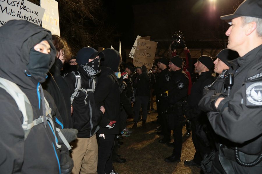 Protesters to Milo Yiannopoulos' event at CU were met with a heavy police presence in order to control crowds. (Davis Bonner | Collegian)