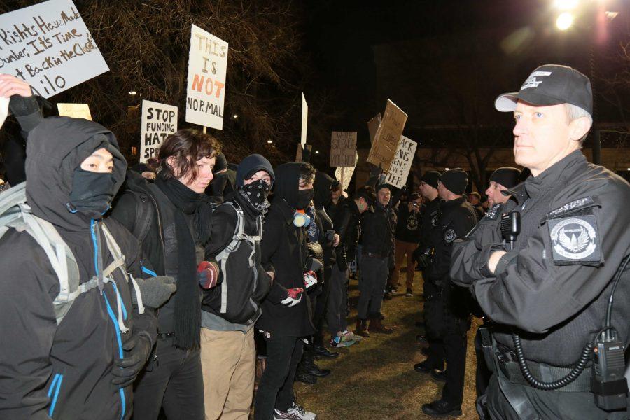Protesters to Milo Yiannopoulos' event at CU were met with a heavy police presence in order to control crowds. (Davis Bonner | Collegian)