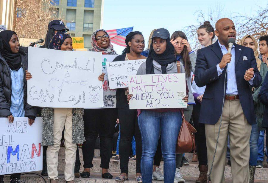 Denver mayor Michael Hancock joins students from South High School to show support for Muslims and immigrants in Denver, February 4, 2017 (Davis Bonner | Collegian)