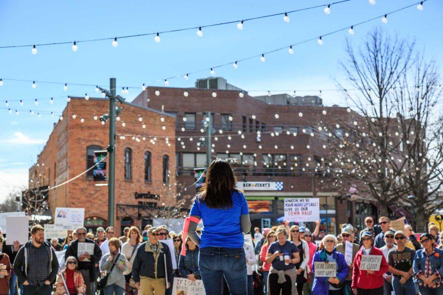Patricia Miller-Fuerza of Fort Collins for Progress speaks to a crowd of roughly 150-200 community members about the importance of immigrants in America, February 7, 2017 (Davis Bonner | Collegian)