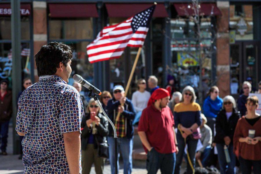 Jesus Castro speaks to a crowd of roughly 200 about the importance in immigrants in America as part of a rally organized by Fort Collins for Progress, February 7, 2017 (Davis Bonner | Collegian)