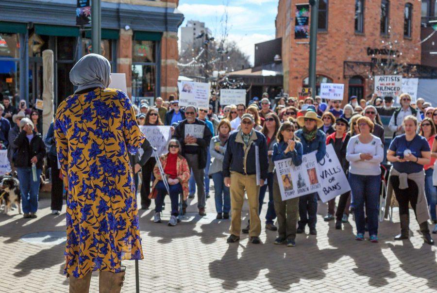 Israa Eldeiry speaks to a crowd of roughly 200 about her experience being a Muslim woman after Trump's election. This was part of a rally organized by Fort Collins for Progress, February 7, 2017 (Davis Bonner | Collegian)