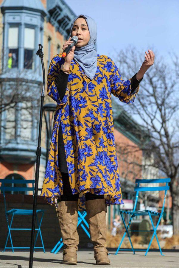 Israa Eldeiry speaks to a crowd of roughly 200 about her experience being a Muslim woman after Trump's election. This was part of a rally organized by Fort Collins for Progress, February 7, 2017 (Davis Bonner | Collegian)