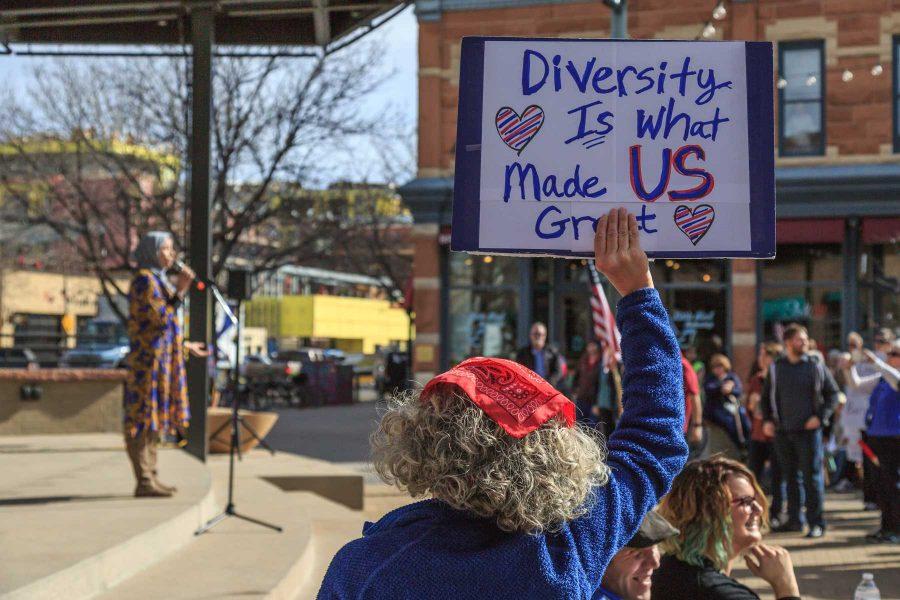 An estimated 150-200 community members gathered in Old Town Fort Collins Tuesday to show support for immigrants. This event was organized by Fort Collins for Progress (Davis Bonner | Collegian)