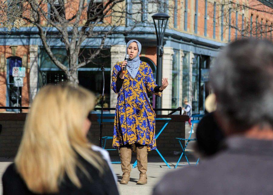 Israa Eldeiry speaks to a crowd of roughly 200 about her experience being a Muslim woman after Trump's election. This was part of a rally organized by Fort Collins for Progress, February 7, 2017 (Davis Bonner | Collegian)