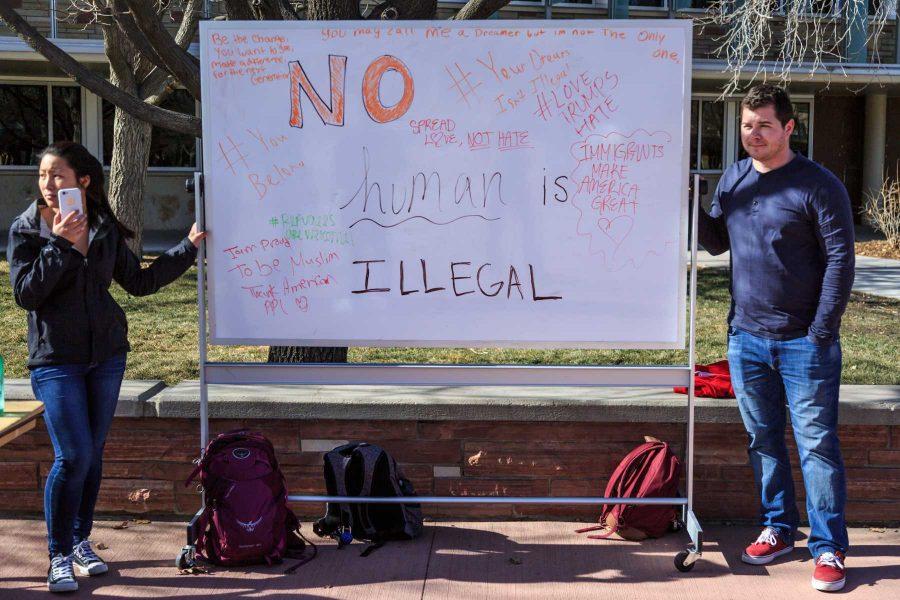 A white board from the Red Whistle Brigade becomes covered in messages during the "To Immigrants With Love" event on the plaza. February 8, 2017 (Davis Bonner | Collegian)