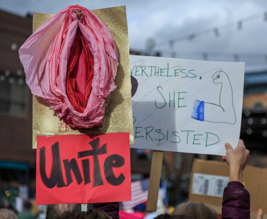An estimated 1,200 community members gather in Old Town Square to stand in solidarity with Planned Parenthood. This event was organized by FoCo Local Girl Gang (Davis Bonner | Collegian)