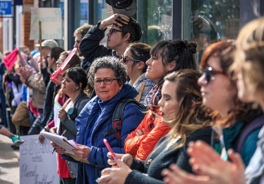 An estimated 1,200 community members gather in Old Town Square to stand in solidarity with Planned Parenthood. This event was organized by FoCo Local Girl Gang (Davis Bonner | Collegian)
