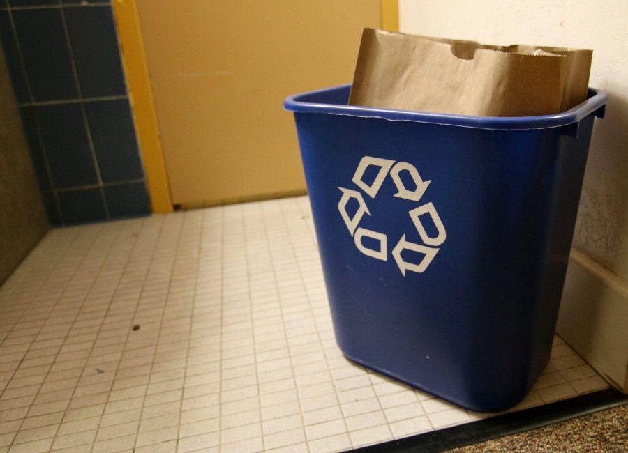 A paper bag sits in a recycling bin in Braiden Hall after CSU switched over to paper bags for recycling rather than plastic. (Joe Oakman | Collegian)