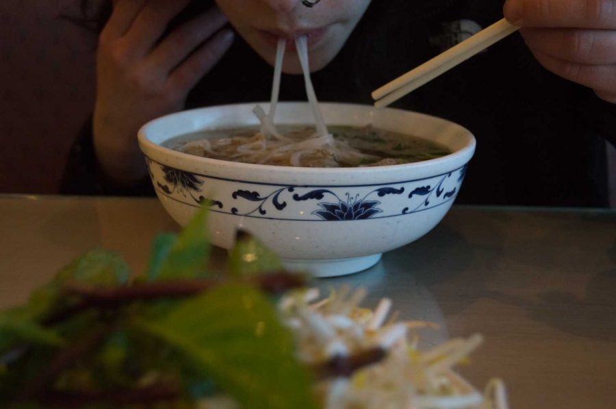 Hannah Wolfson enjoys a spicy dish of Pho at Pho-Duy, located at 902 W. Drake Rd. Photo by Kaitlyn Ancell | Collegian