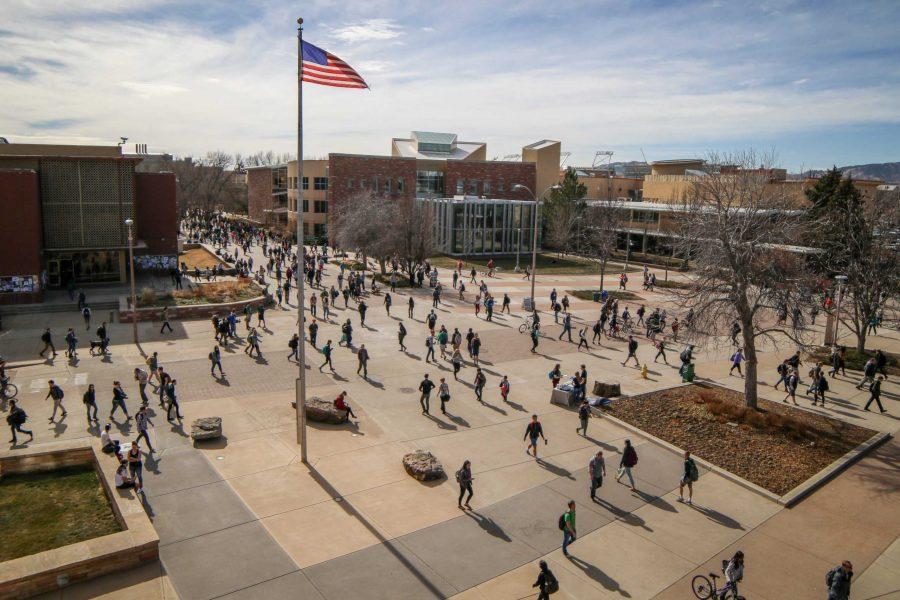 A busy plaza at CSU while students rush to class, catch up with friends, or hang out. (Photo by Kasen Schamaun | Collegian)