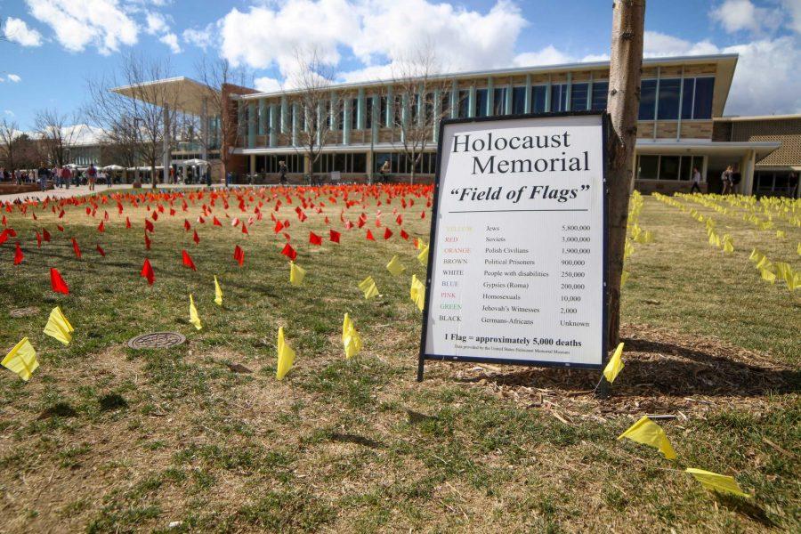 A Field of Flags memorial is erected in The Plaza for victims of the Holocaust to bring a visual representation of the toll the mass murders had Feb. 22, 2017. 