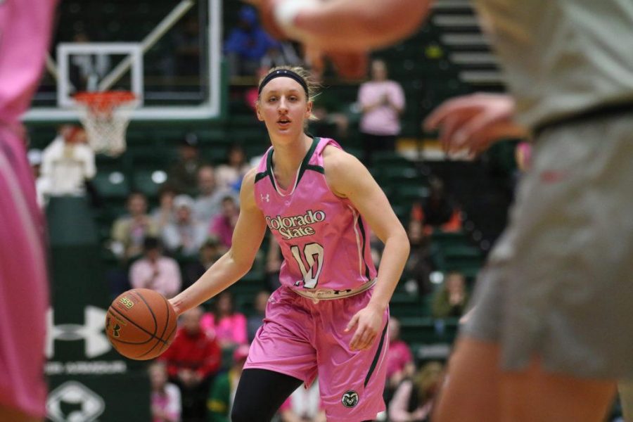 CSU Junior Hannah Tvrdy brings the ball down the court against the UNM Lobos on February 22 in Moby Arena. (Elliott Jerge | Collegian)