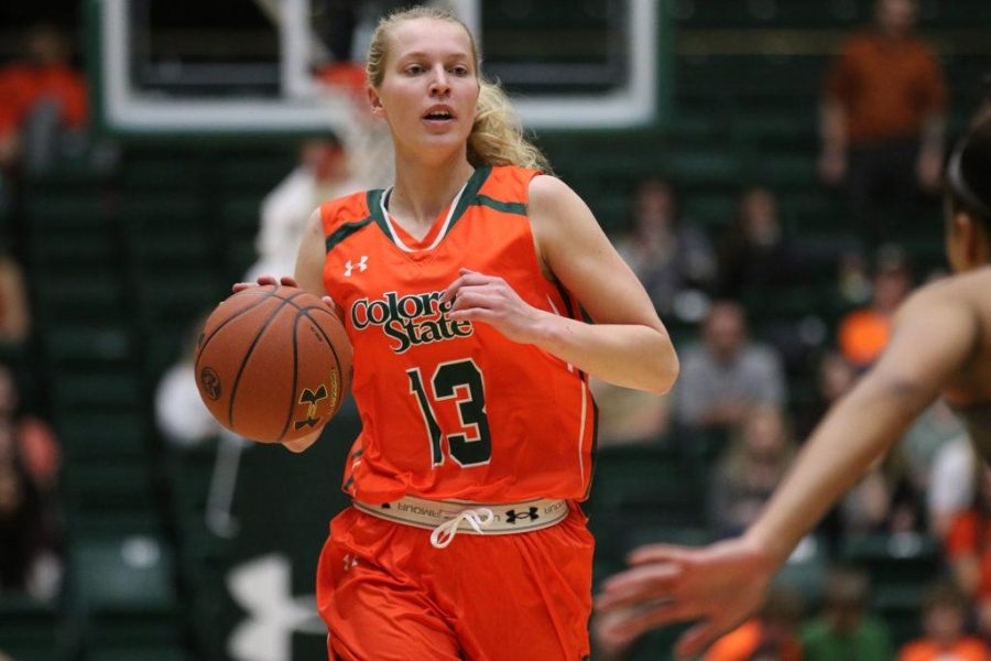 CSU Senior Ellen Nystrom bring the ball down the court against the Wyoming Cowgirls at Moby Arena on February 15th. (Elliott Jerge | Collegian)