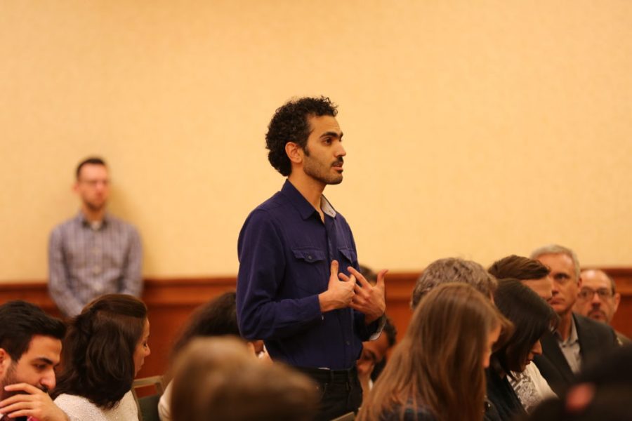 Farshad Abdollah-nia speaks to Colorado State University President Tony Frank during an open forum on Tuesday afternoon in the Lory Student Center. Students were able to ask Frank questions about the school, voice concerns, or comment about CSU's performance. (Forrest Czarnecki | Collegian)