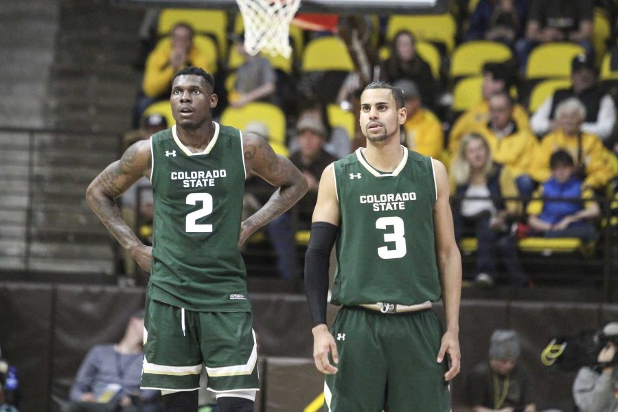 CSU's Dynamic Duo in Gian Clavell (3) and Emmanuel Omogbo (2) look towards the scoreboard during the Rams 78-73 win over rival Wyoming in Laramie. Clavell and Omogbo finished with a combined 39 points. (Javon Harris | Collegian)